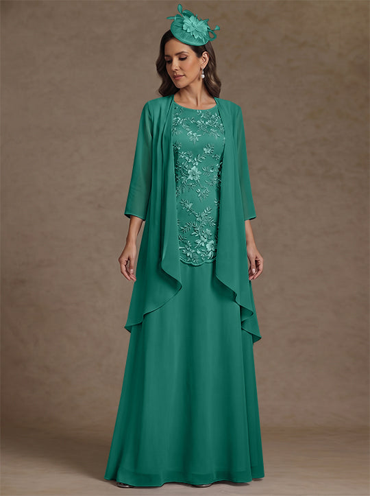 2 Pieces A-Line/Princess Scoop Chiffon Mother of the Bride Dresses with Jacket Floor-Length 3/4 Sleeves Lace