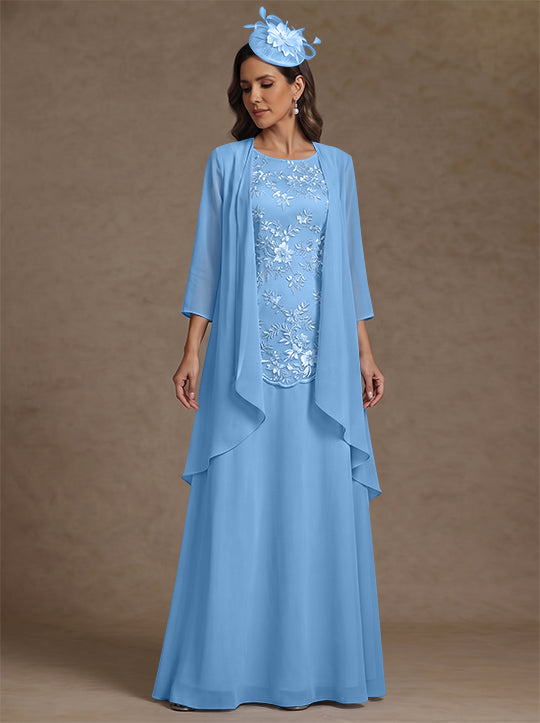 2 Pieces A-Line/Princess Scoop Chiffon Mother of the Bride Dresses with Jacket Floor-Length 3/4 Sleeves Lace
