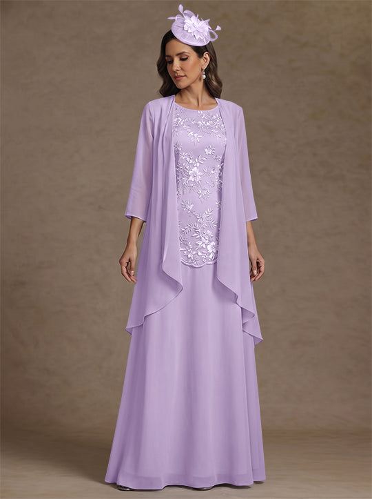 2 Pieces A-Line/Princess Scoop Chiffon Mother of the Bride Dresses with Jacket Floor-Length 3/4 Sleeves Lace
