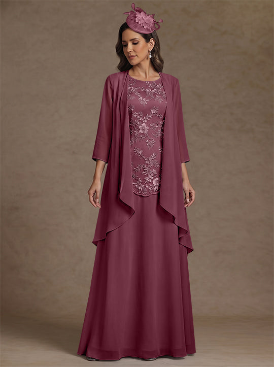 2 Pieces A-Line/Princess Scoop Chiffon Mother of the Bride Dresses with Jacket Floor-Length 3/4 Sleeves Lace