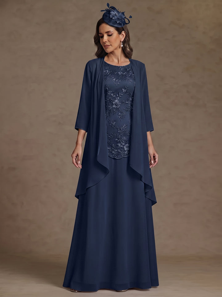 2 Pieces A-Line/Princess Scoop Chiffon Mother of the Bride Dresses with Jacket Floor-Length 3/4 Sleeves Lace