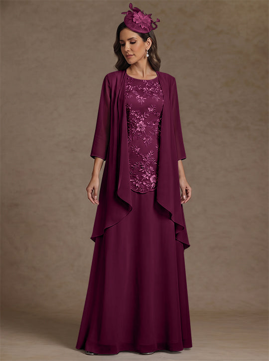 2 Pieces A-Line/Princess Scoop Chiffon Mother of the Bride Dresses with Jacket Floor-Length 3/4 Sleeves Lace