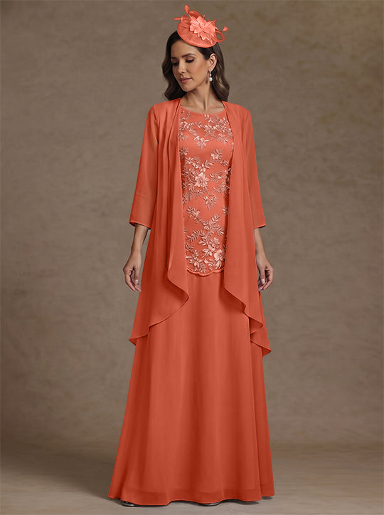 2 Pieces A-Line/Princess Scoop Chiffon Mother of the Bride Dresses with Jacket Floor-Length 3/4 Sleeves Lace