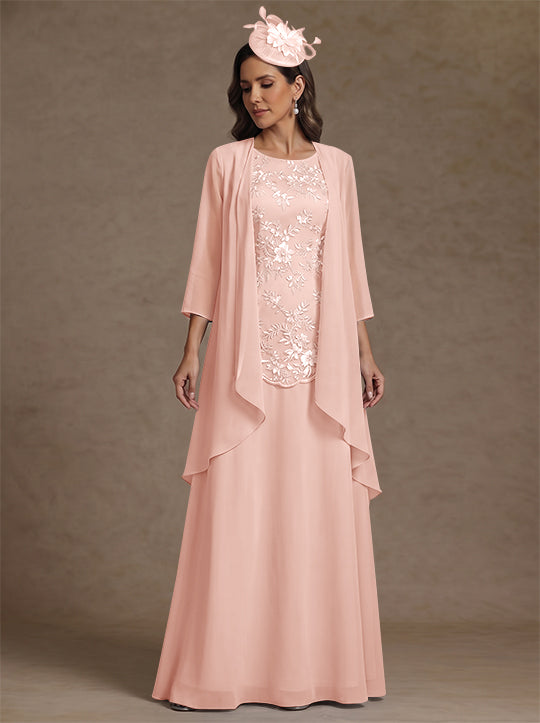 2 Pieces A-Line/Princess Scoop Chiffon Mother of the Bride Dresses with Jacket Floor-Length 3/4 Sleeves Lace
