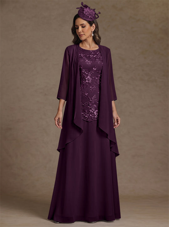 2 Pieces A-Line/Princess Scoop Chiffon Mother of the Bride Dresses with Jacket Floor-Length 3/4 Sleeves Lace
