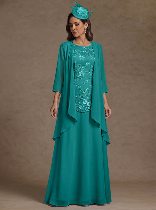 2 Pieces A-Line/Princess Scoop Chiffon Mother of the Bride Dresses with Jacket Floor-Length 3/4 Sleeves Lace