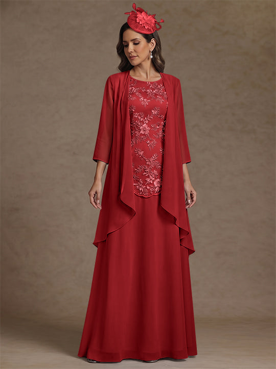 2 Pieces A-Line/Princess Scoop Chiffon Mother of the Bride Dresses with Jacket Floor-Length 3/4 Sleeves Lace