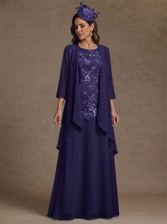 2 Pieces A-Line/Princess Scoop Chiffon Mother of the Bride Dresses with Jacket Floor-Length 3/4 Sleeves Lace