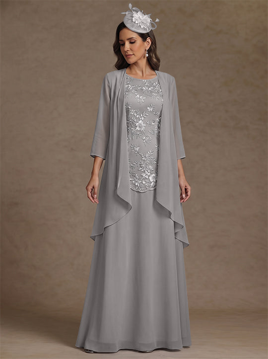2 Pieces A-Line/Princess Scoop Chiffon Mother of the Bride Dresses with Jacket Floor-Length 3/4 Sleeves Lace