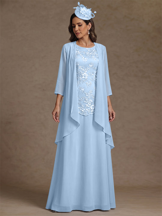2 Pieces A-Line/Princess Scoop Chiffon Mother of the Bride Dresses with Jacket Floor-Length 3/4 Sleeves Lace
