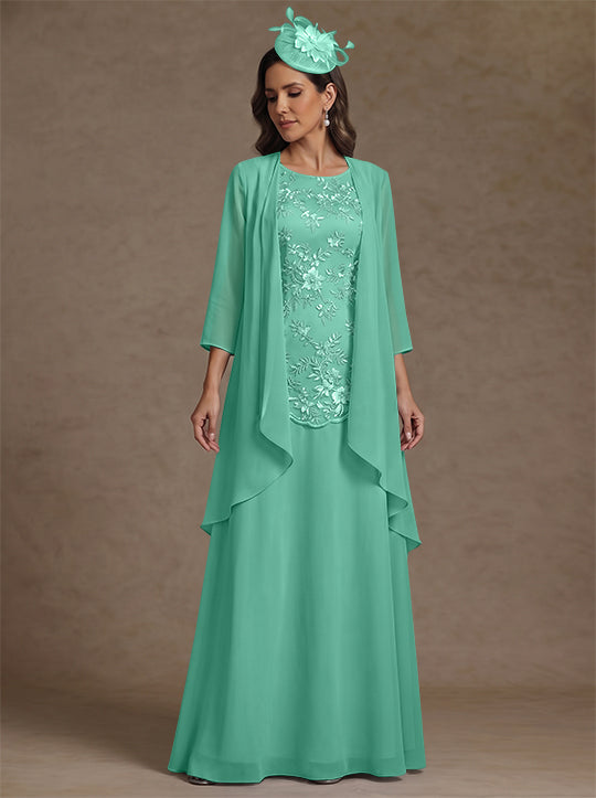 2 Pieces A-Line/Princess Scoop Chiffon Mother of the Bride Dresses with Jacket Floor-Length 3/4 Sleeves Lace