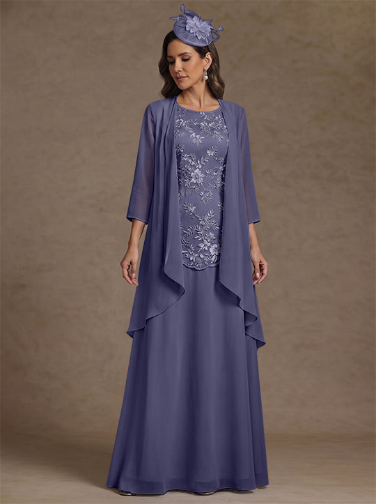2 Pieces A-Line/Princess Scoop Chiffon Mother of the Bride Dresses with Jacket Floor-Length 3/4 Sleeves Lace