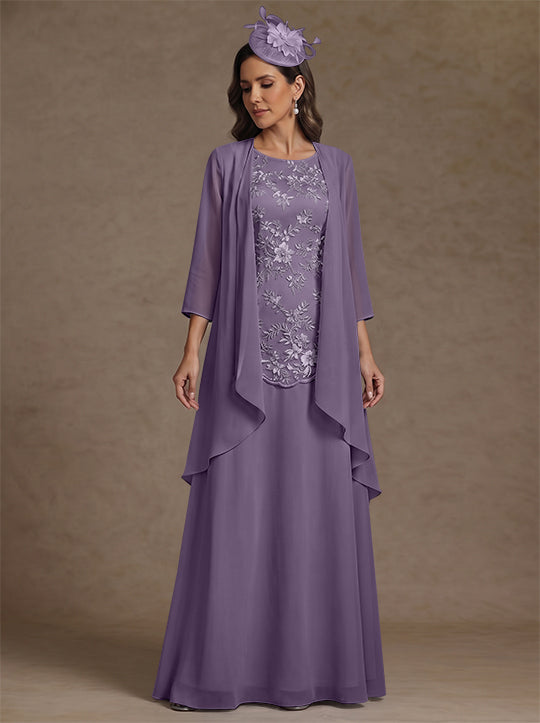 2 Pieces A-Line/Princess Scoop Chiffon Mother of the Bride Dresses with Jacket Floor-Length 3/4 Sleeves Lace