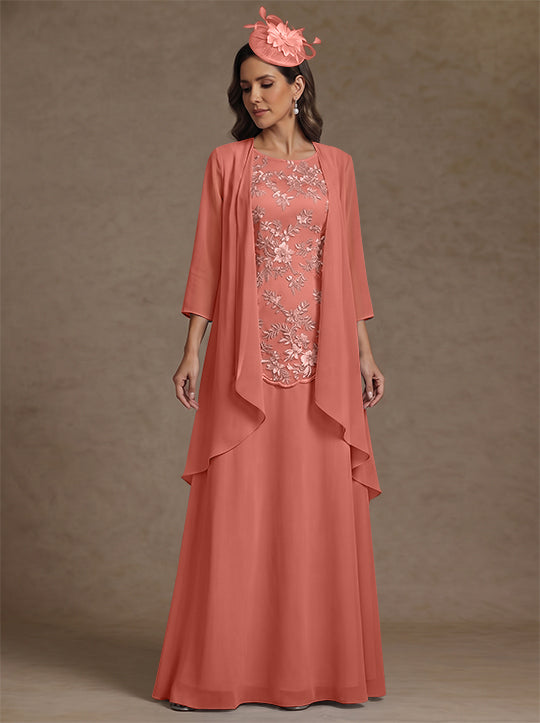 2 Pieces A-Line/Princess Scoop Chiffon Mother of the Bride Dresses with Jacket Floor-Length 3/4 Sleeves Lace