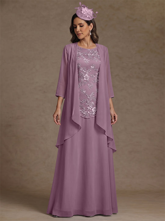 2 Pieces A-Line/Princess Scoop Chiffon Mother of the Bride Dresses with Jacket Floor-Length 3/4 Sleeves Lace