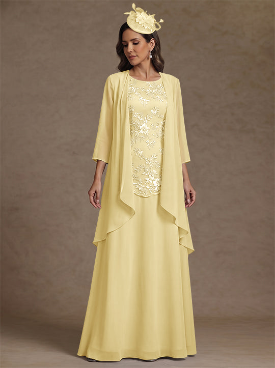 2 Pieces A-Line/Princess Scoop Chiffon Mother of the Bride Dresses with Jacket Floor-Length 3/4 Sleeves Lace