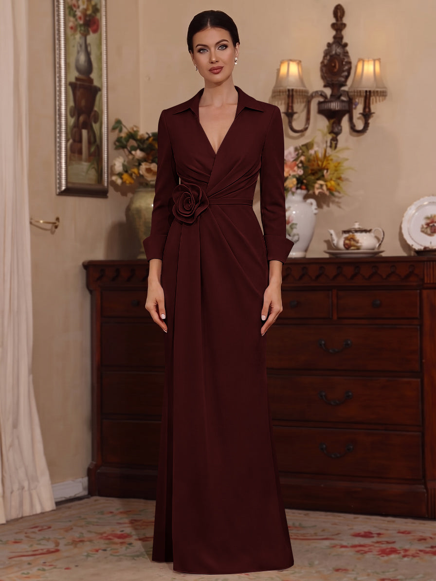 Sheath/Column V-Neck Stretch Satin Mother of the Bride Dresses with 3D Flower Floor-Length Floral 3/4 Sleeves