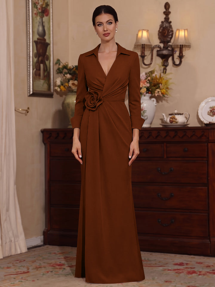 Sheath/Column V-Neck Stretch Satin Mother of the Bride Dresses with 3D Flower Floor-Length Floral 3/4 Sleeves