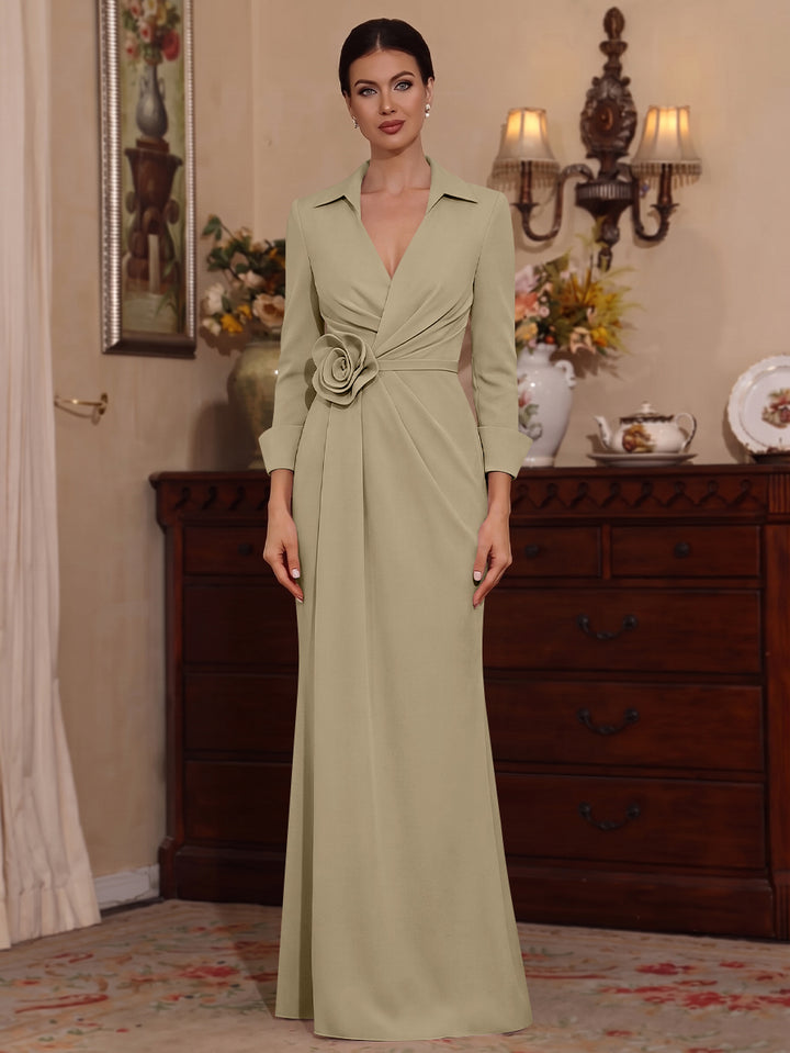 Sheath/Column V-Neck Stretch Satin Mother of the Bride Dresses with 3D Flower Floor-Length Floral 3/4 Sleeves