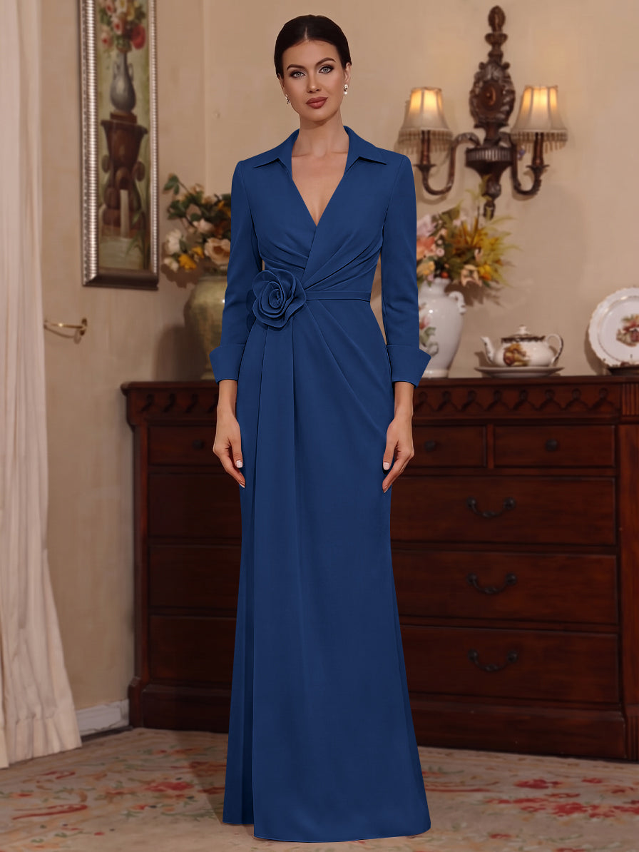 Sheath/Column V-Neck Stretch Satin Mother of the Bride Dresses with 3D Flower Floor-Length Floral 3/4 Sleeves