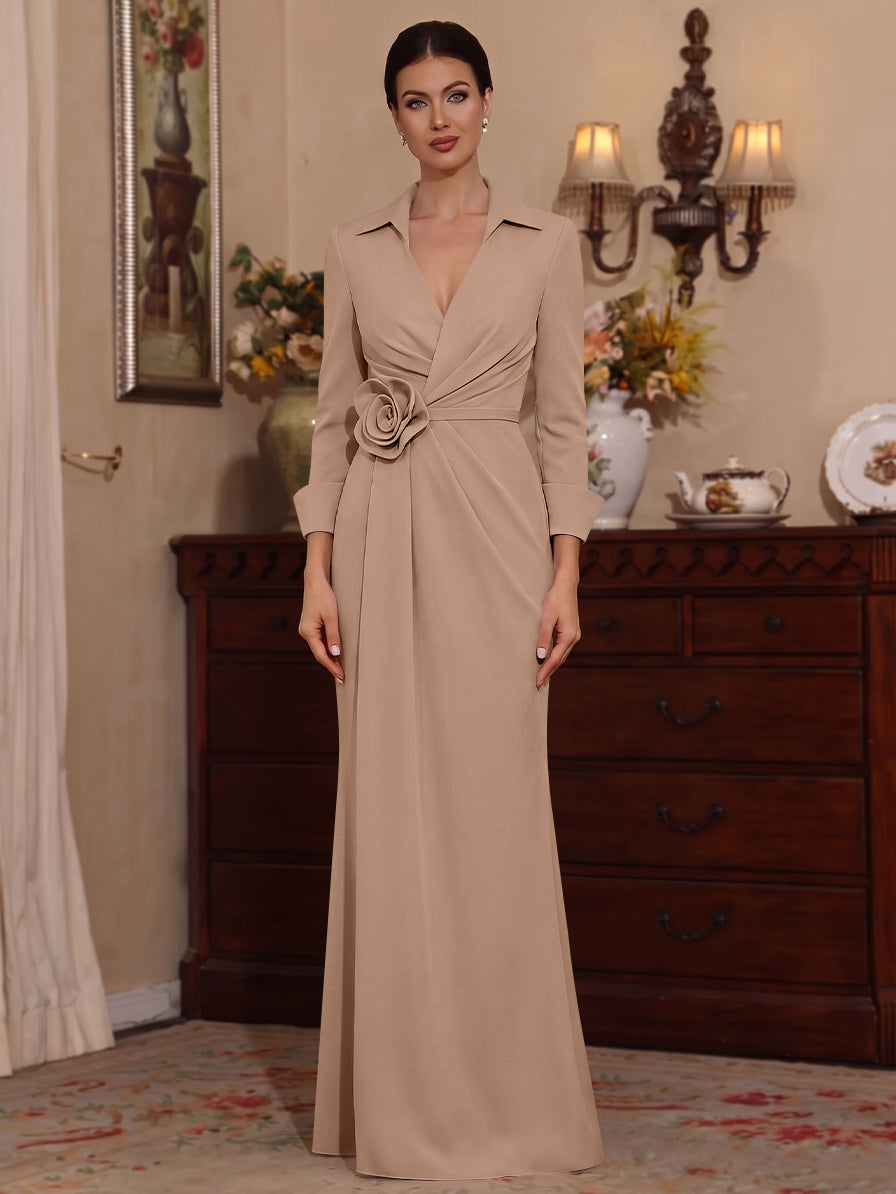 Sheath/Column V-Neck Stretch Satin Mother of the Bride Dresses with 3D Flower Floor-Length Floral 3/4 Sleeves