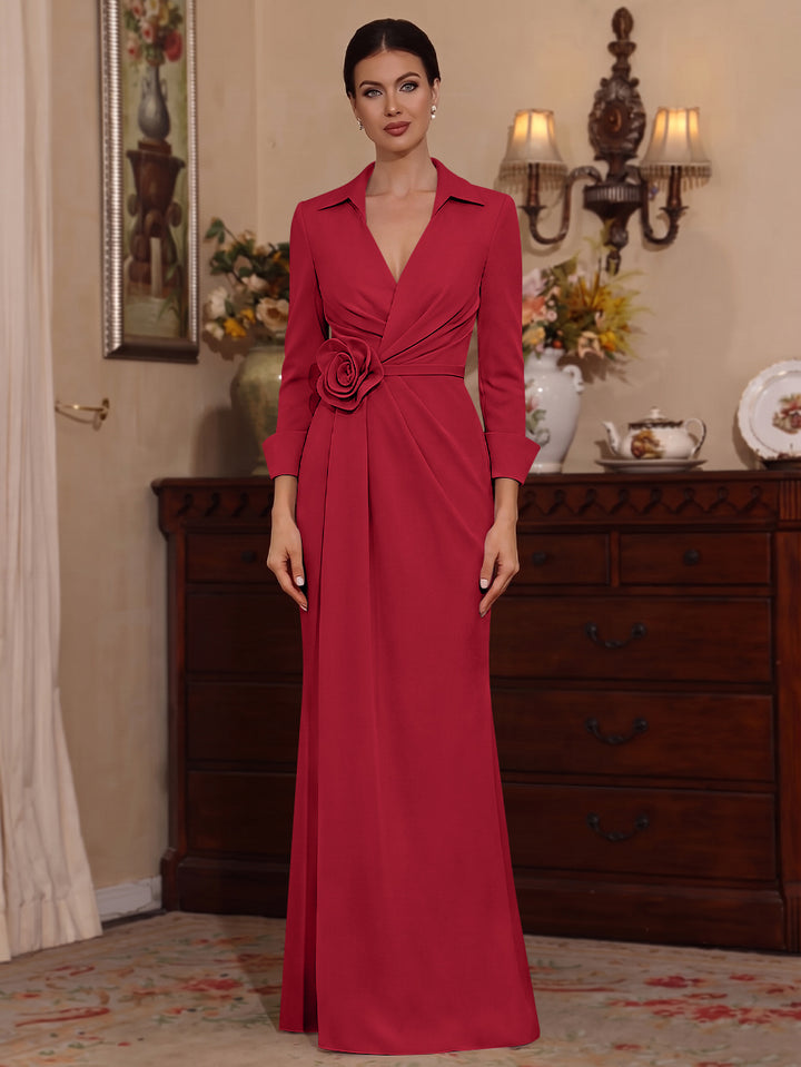 Sheath/Column V-Neck Stretch Satin Mother of the Bride Dresses with 3D Flower Floor-Length Floral 3/4 Sleeves