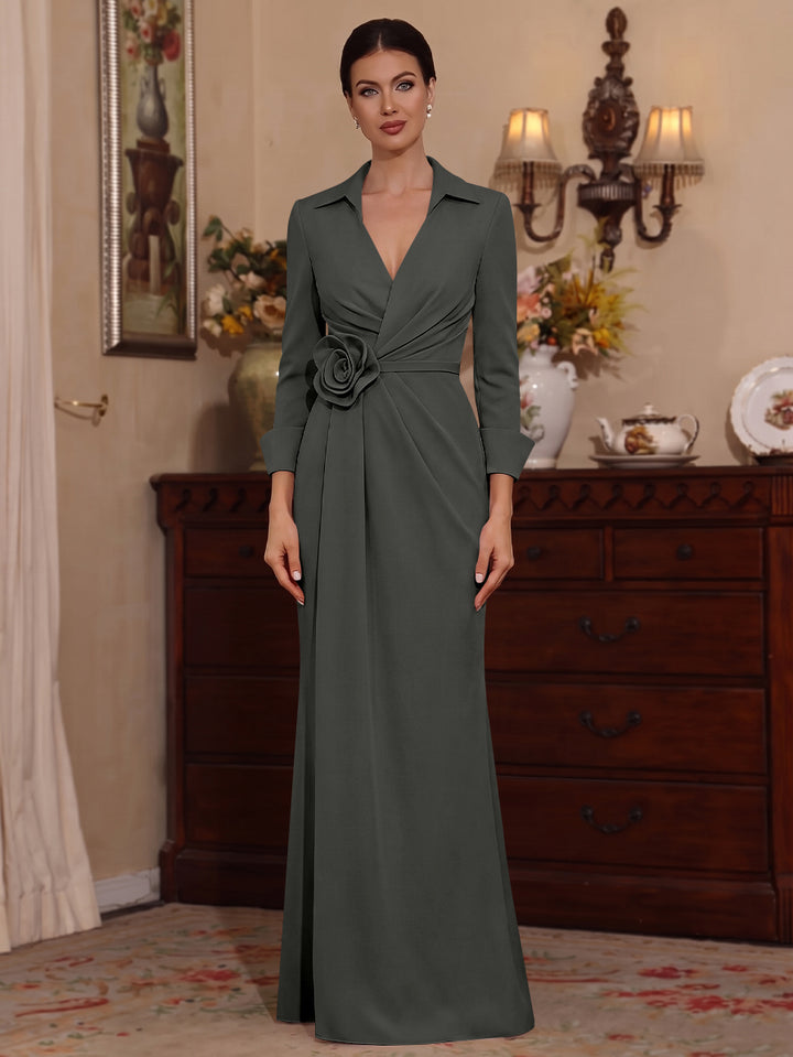 Sheath/Column V-Neck Stretch Satin Mother of the Bride Dresses with 3D Flower Floor-Length Floral 3/4 Sleeves