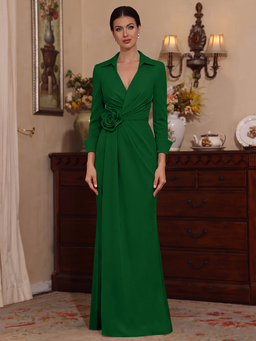 Sheath/Column V-Neck Stretch Satin Mother of the Bride Dresses with 3D Flower Floor-Length Floral 3/4 Sleeves