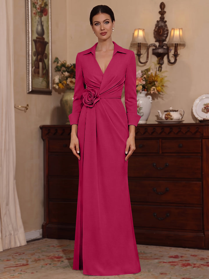 Sheath/Column V-Neck Stretch Satin Mother of the Bride Dresses with 3D Flower Floor-Length Floral 3/4 Sleeves