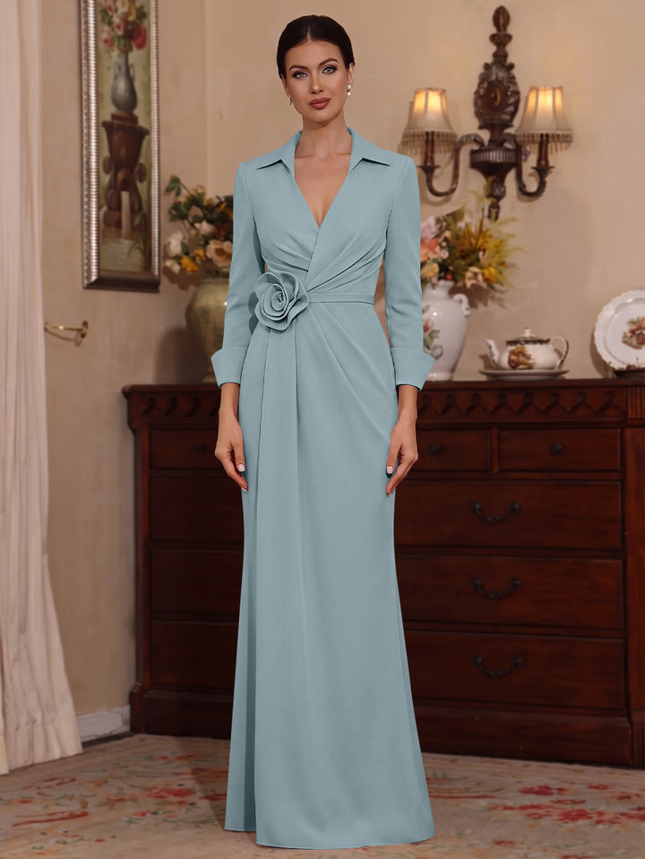 Sheath/Column V-Neck Stretch Satin Mother of the Bride Dresses with 3D Flower Floor-Length Floral 3/4 Sleeves