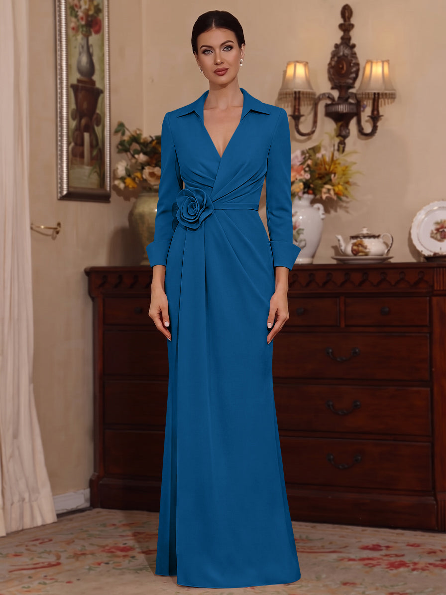 Sheath/Column V-Neck Stretch Satin Mother of the Bride Dresses with 3D Flower Floor-Length Floral 3/4 Sleeves