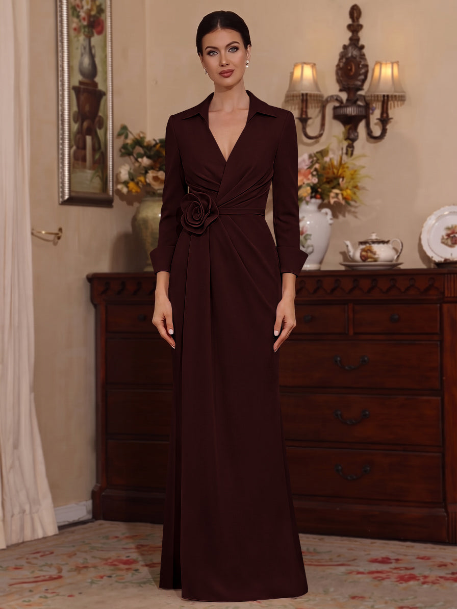 Sheath/Column V-Neck Stretch Satin Mother of the Bride Dresses with 3D Flower Floor-Length Floral 3/4 Sleeves