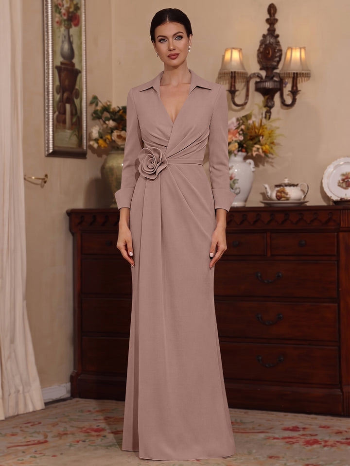 Sheath/Column V-Neck Stretch Satin Mother of the Bride Dresses with 3D Flower Floor-Length Floral 3/4 Sleeves