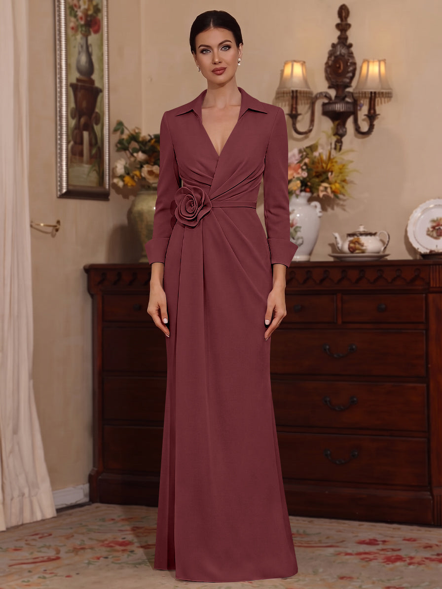 Sheath/Column V-Neck Stretch Satin Mother of the Bride Dresses with 3D Flower Floor-Length Floral 3/4 Sleeves