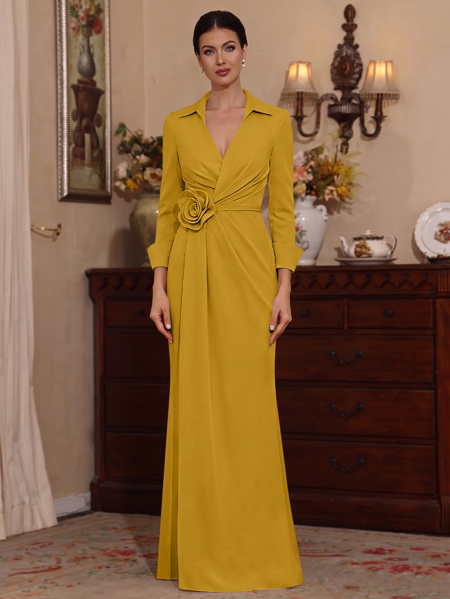 Sheath/Column V-Neck Stretch Satin Mother of the Bride Dresses with 3D Flower Floor-Length Floral 3/4 Sleeves