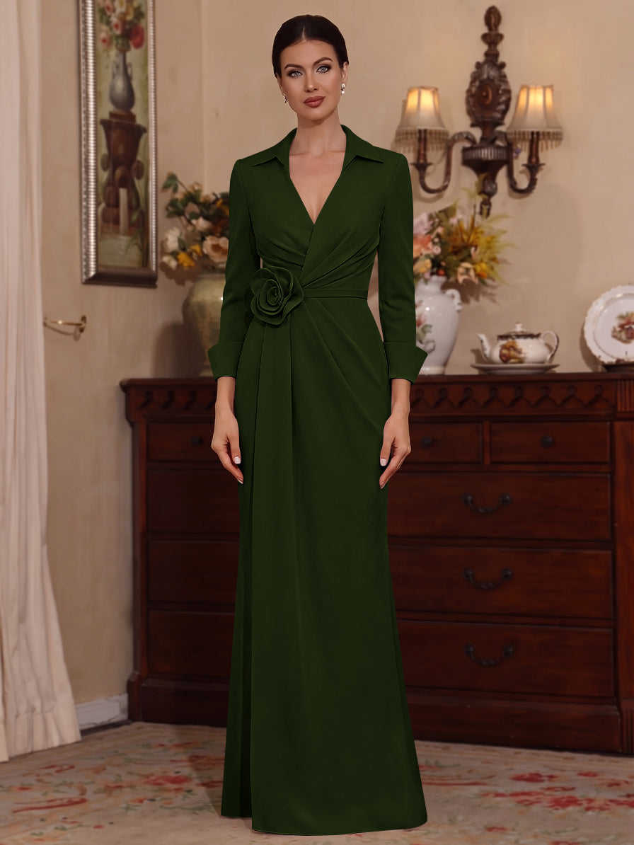Sheath/Column V-Neck Stretch Satin Mother of the Bride Dresses with 3D Flower Floor-Length Floral 3/4 Sleeves