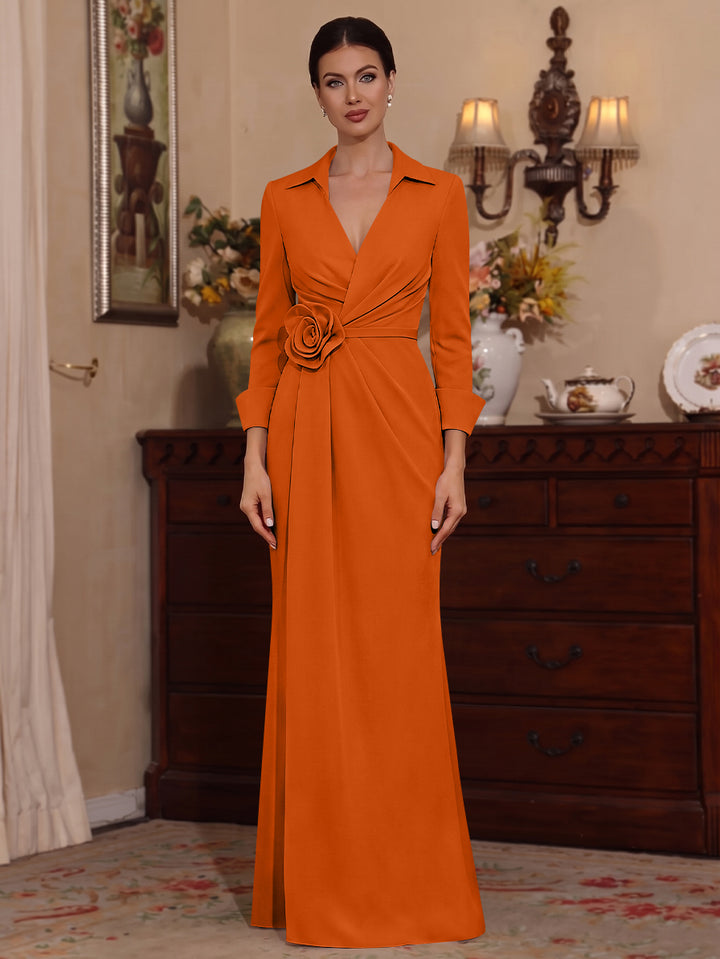 Sheath/Column V-Neck Stretch Satin Mother of the Bride Dresses with 3D Flower Floor-Length Floral 3/4 Sleeves