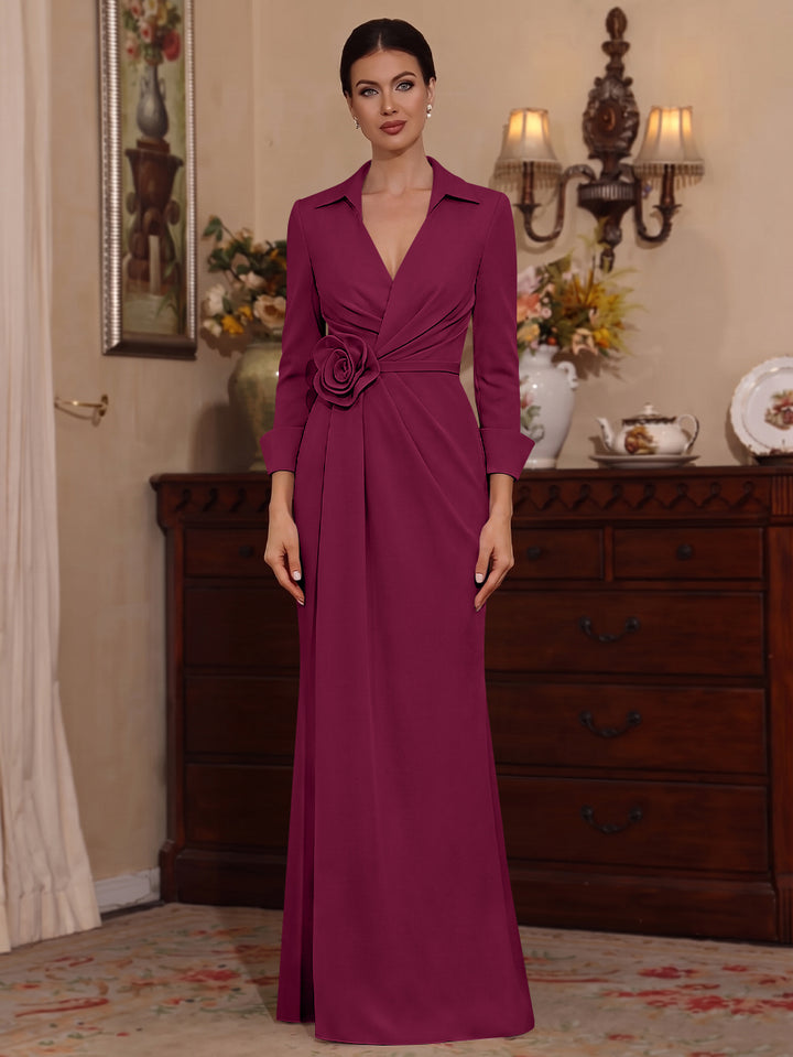 Sheath/Column V-Neck Stretch Satin Mother of the Bride Dresses with 3D Flower Floor-Length Floral 3/4 Sleeves