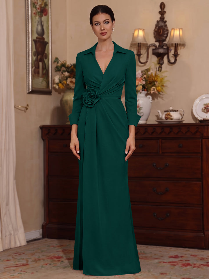 Sheath/Column V-Neck Stretch Satin Mother of the Bride Dresses with 3D Flower Floor-Length Floral 3/4 Sleeves