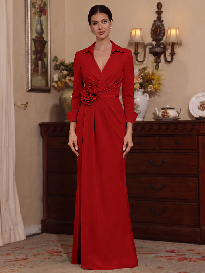 Sheath/Column V-Neck Stretch Satin Mother of the Bride Dresses with 3D Flower Floor-Length Floral 3/4 Sleeves