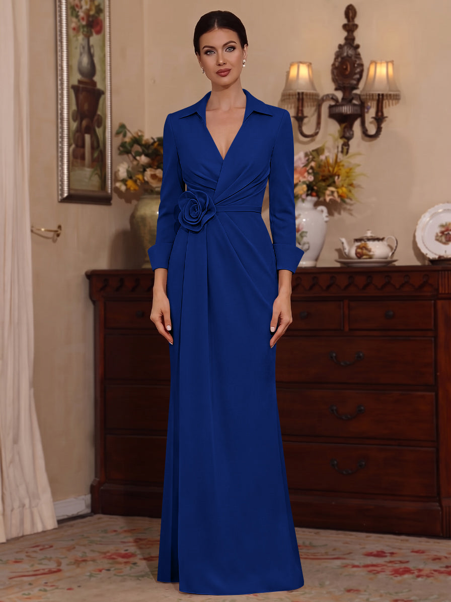 Sheath/Column V-Neck Stretch Satin Mother of the Bride Dresses with 3D Flower Floor-Length Floral 3/4 Sleeves