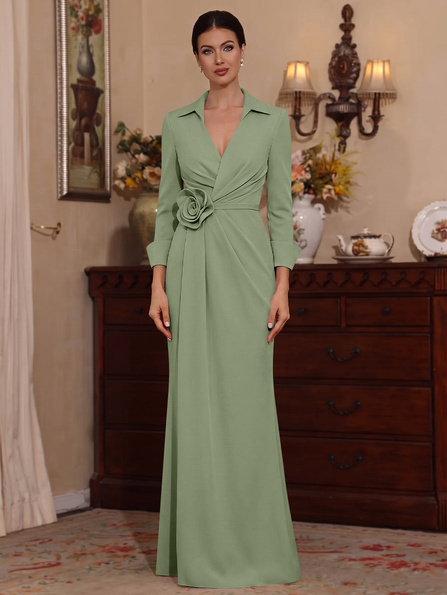 Sheath/Column V-Neck Stretch Satin Mother of the Bride Dresses with 3D Flower Floor-Length Floral 3/4 Sleeves