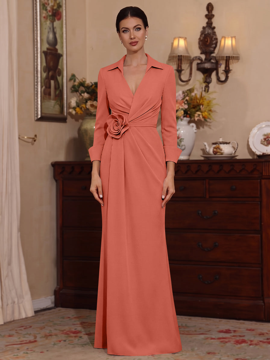 Sheath/Column V-Neck Stretch Satin Mother of the Bride Dresses with 3D Flower Floor-Length Floral 3/4 Sleeves