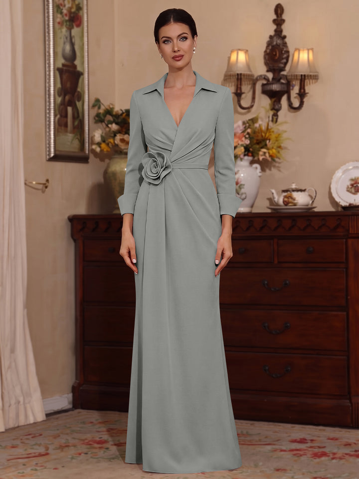 Sheath/Column V-Neck Stretch Satin Mother of the Bride Dresses with 3D Flower Floor-Length Floral 3/4 Sleeves