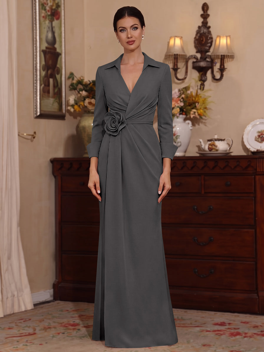 Sheath/Column V-Neck Stretch Satin Mother of the Bride Dresses with 3D Flower Floor-Length Floral 3/4 Sleeves