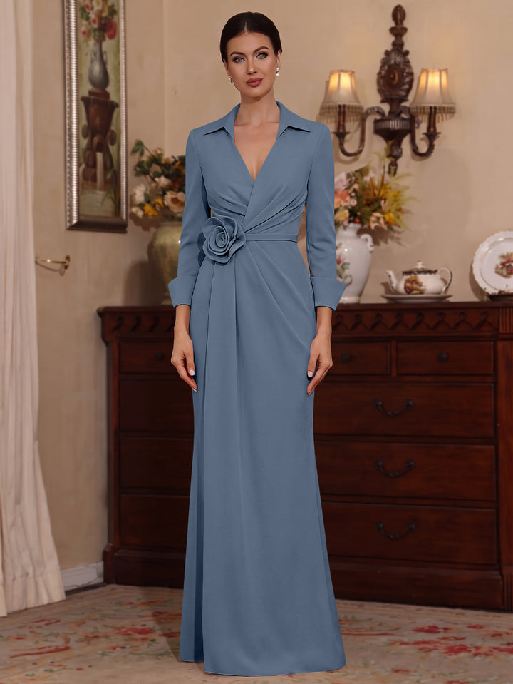Sheath/Column V-Neck Stretch Satin Mother of the Bride Dresses with 3D Flower Floor-Length Floral 3/4 Sleeves