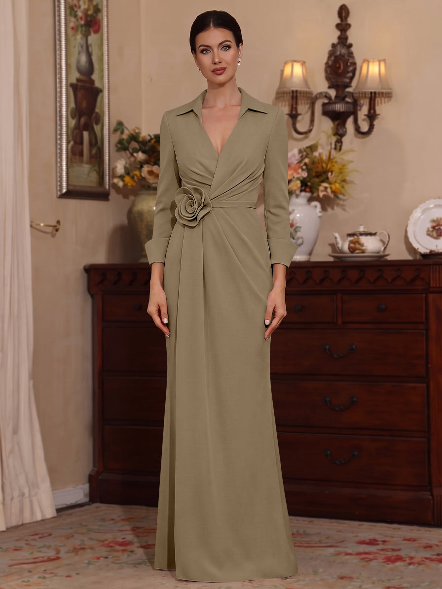 Sheath/Column V-Neck Stretch Satin Mother of the Bride Dresses with 3D Flower Floor-Length Floral 3/4 Sleeves
