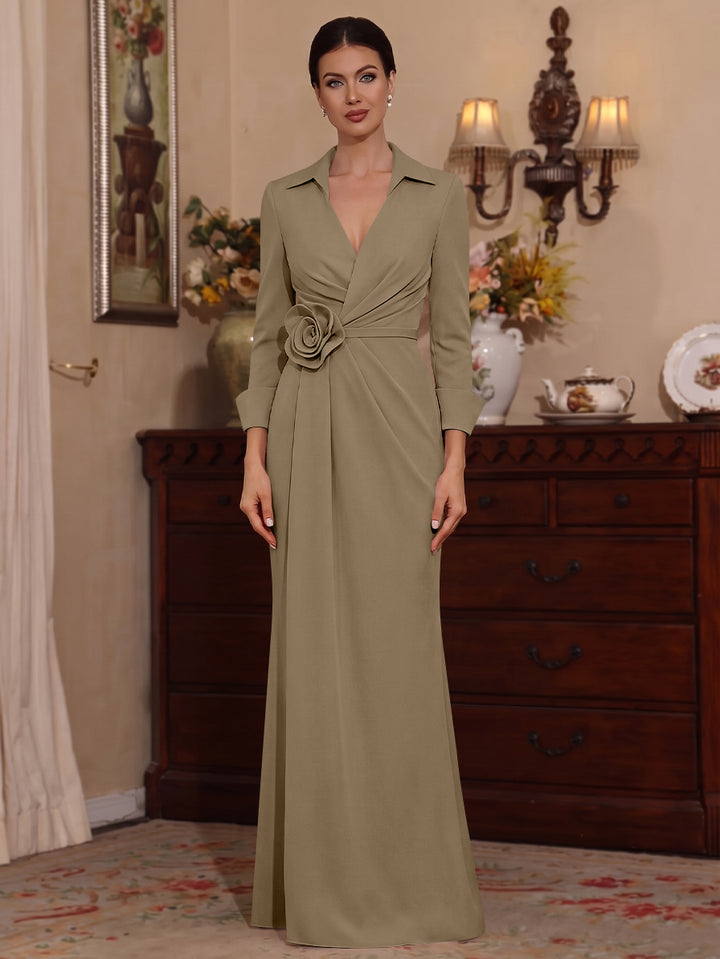 Sheath/Column V-Neck Stretch Satin Mother of the Bride Dresses with 3D Flower Floor-Length Floral 3/4 Sleeves