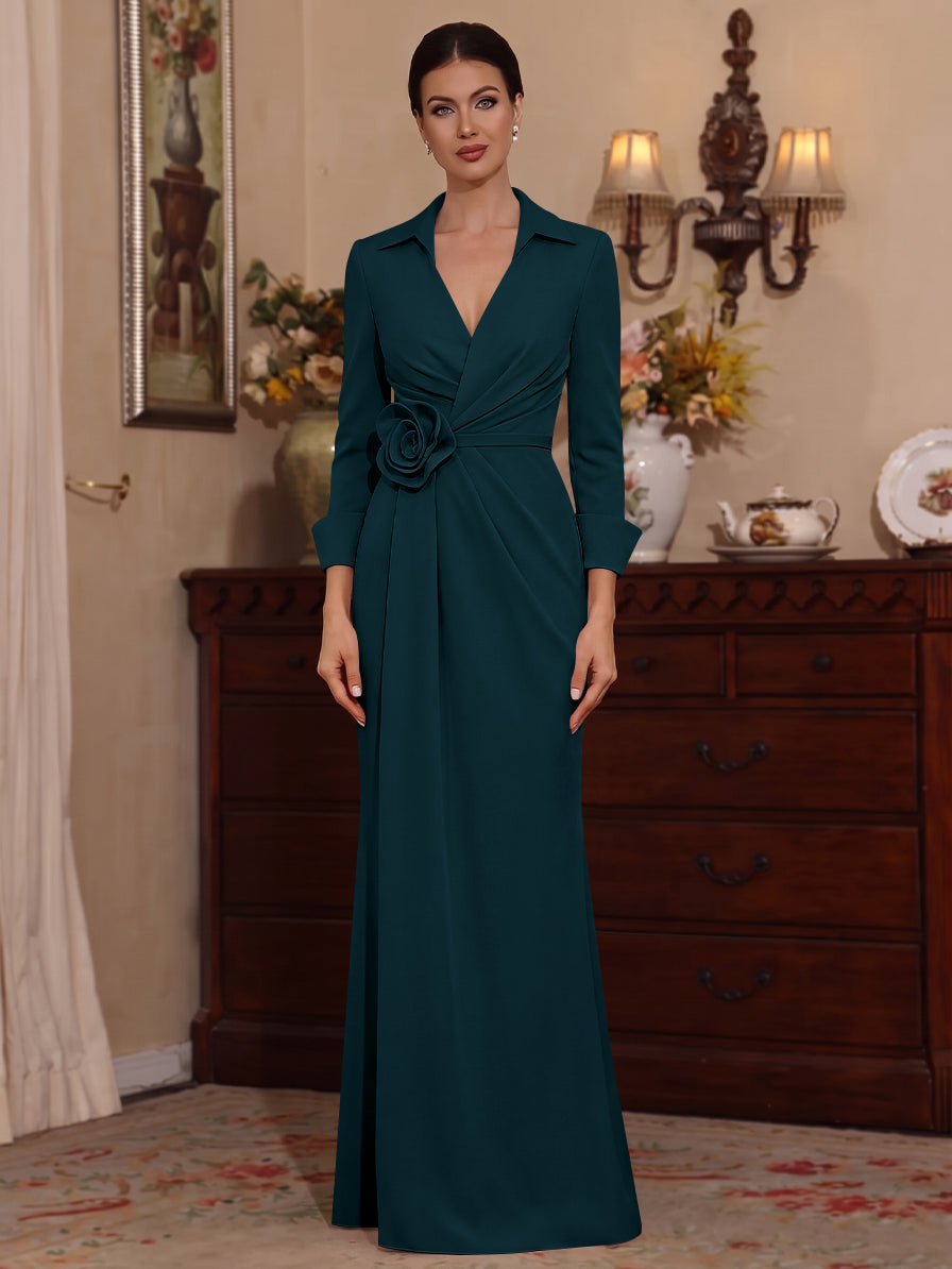 Sheath/Column V-Neck Stretch Satin Mother of the Bride Dresses with 3D Flower Floor-Length Floral 3/4 Sleeves