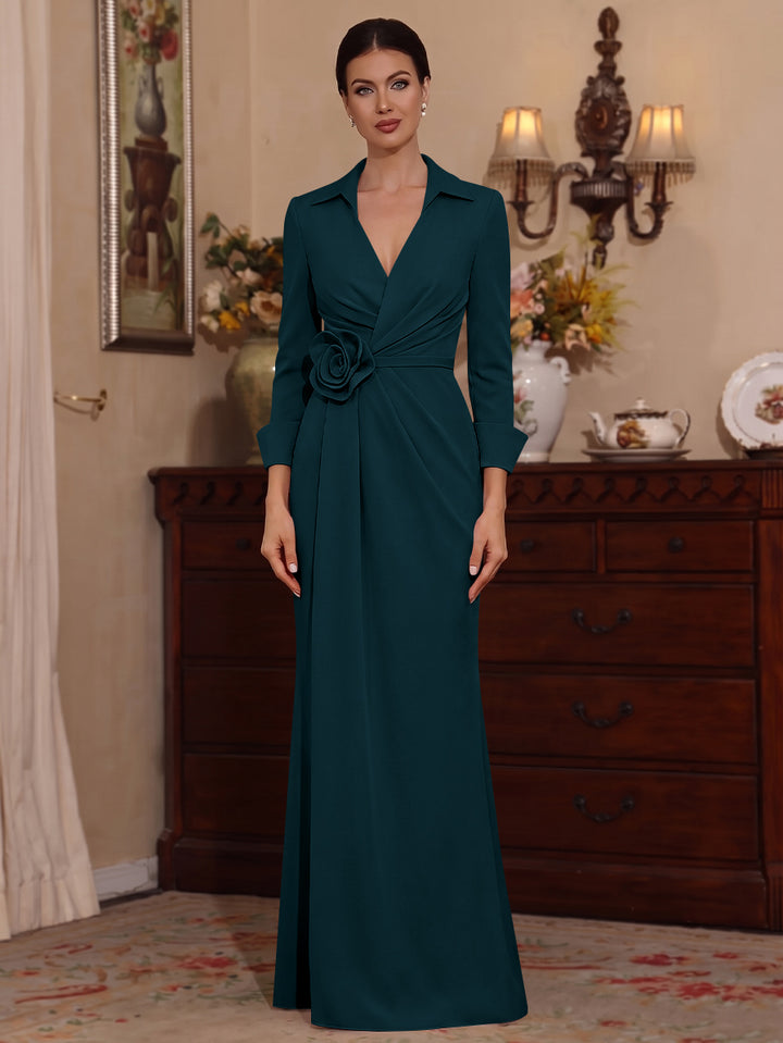 Sheath/Column V-Neck Stretch Satin Mother of the Bride Dresses with 3D Flower Floor-Length Floral 3/4 Sleeves